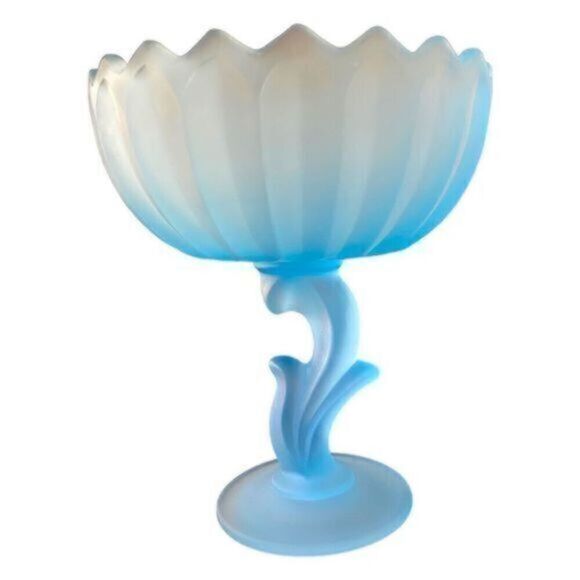 Other - Vintage - Satin Blue Frosted Glass Compote Pedestal Bowl - Lotus Flower